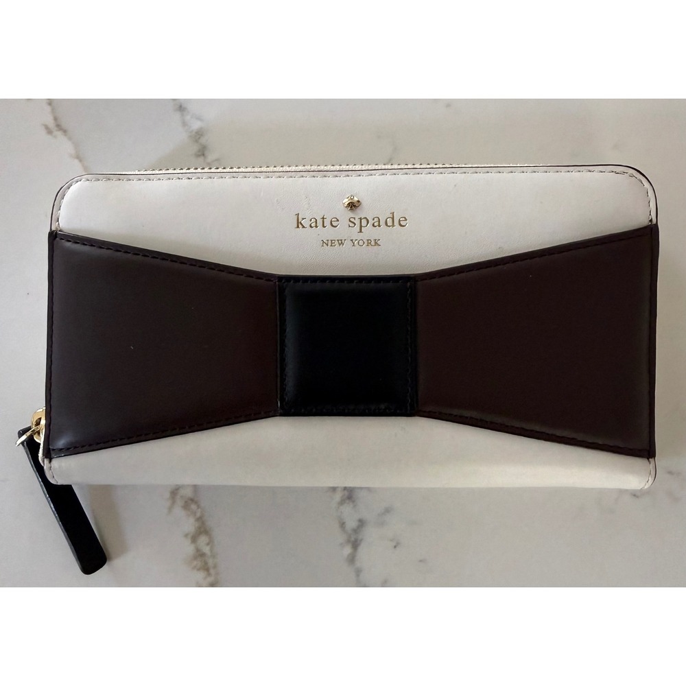 Kate Spade New York Bow Zip Around Continental Wallet Cream Brown Black Leather